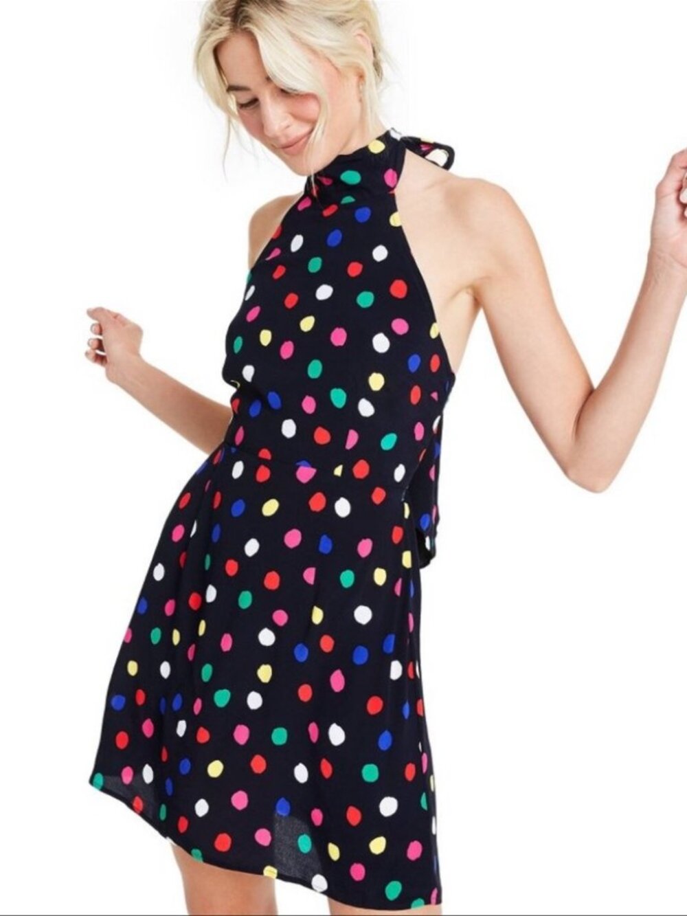 RIXO Black Low Back Halter Dress with Multicolor Polka Dots Size L